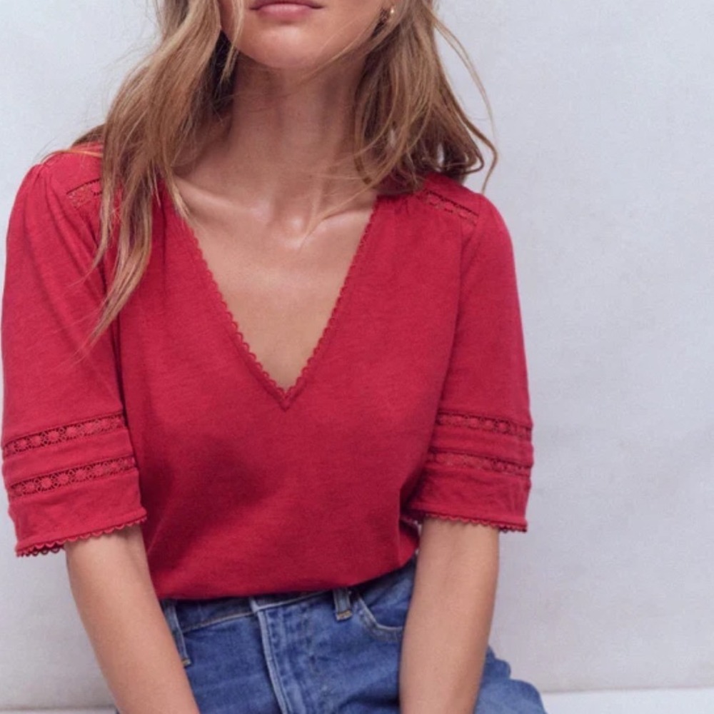 Boden Lace Insert V-Neck Top Women Size 2 Red New With Tags